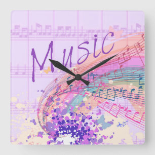 Purple Sheet Music Colorsplash Square Wall Clock