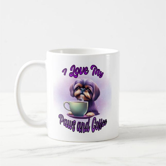 Purple Shih Tzu: I love my paws and coffee Coffee Mug (Left)