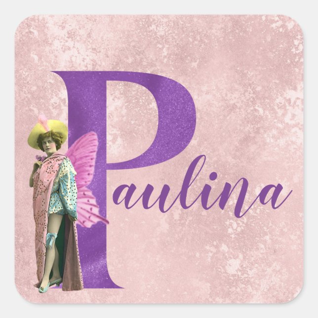 Purple Shimmer Illustrated Letter P Add Name  Square Sticker (Front)
