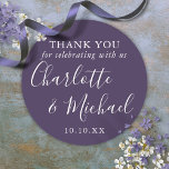 Purple Signature Wedding Favor Thank You Classic Round Sticker<br><div class="desc">Purple signature wedding favor thank you classic round sticker featuring signature style names. Personalize with your special thank you information in chic white typography. Designed by Thisisnotme©</div>