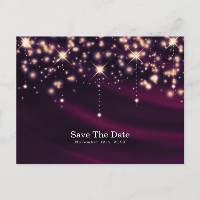 Purple Silk & Gold Sparkle Glam Save the Date Announcement Postcard (Front)