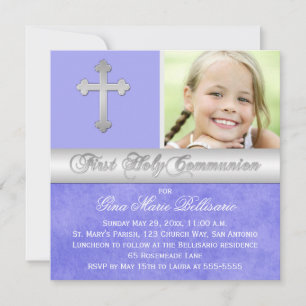 Purple Silver 1st Holy Communion Photo Invitation