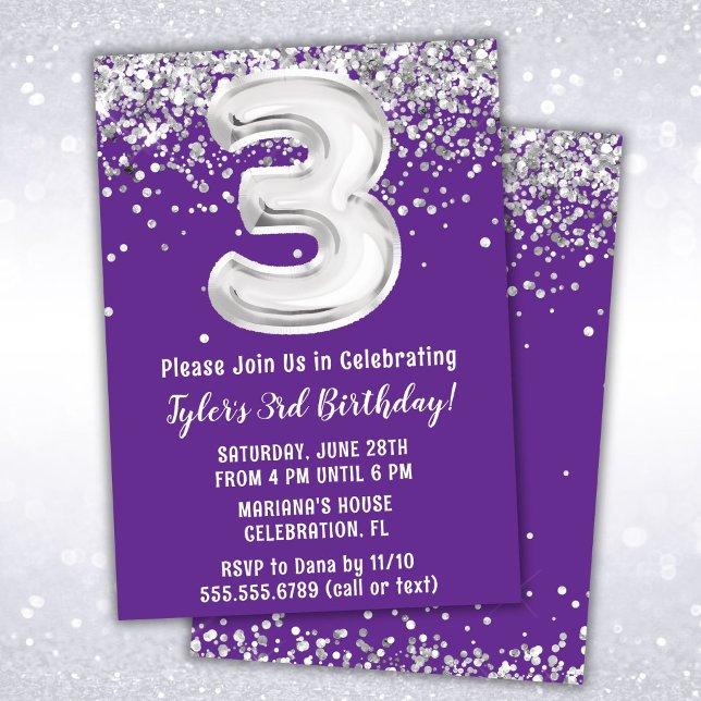 Purple Silver 3rd Birthday Party Invitation (Creator Uploaded)