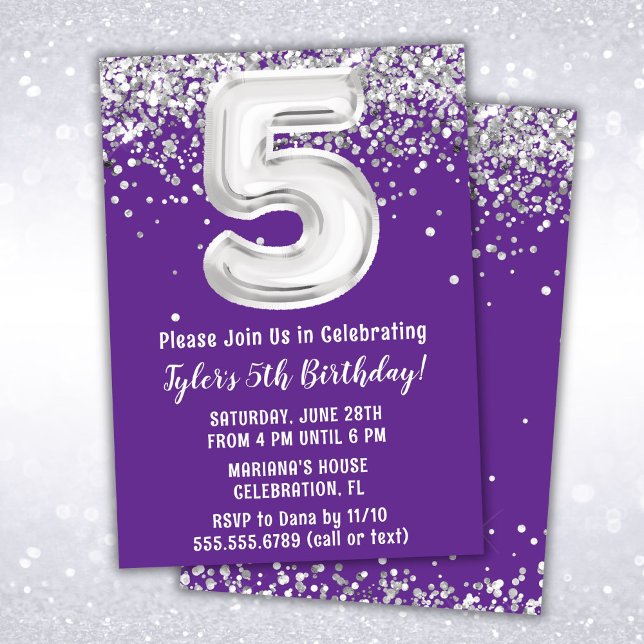 Purple Silver 5th Birthday Party Invitation (Creator Uploaded)