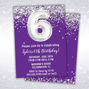 Purple Silver 6th Birthday Party Invitation