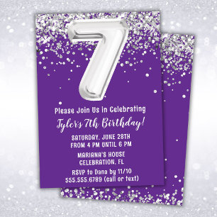 Purple Silver 7th Birthday Party Invitation