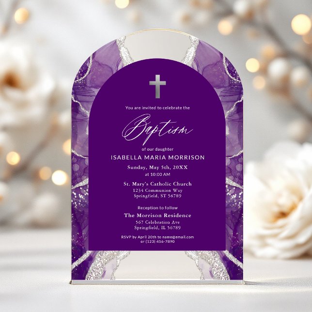 Purple Silver Agate Baptism Modern Elegant Acrylic Invitations (Creator Uploaded)