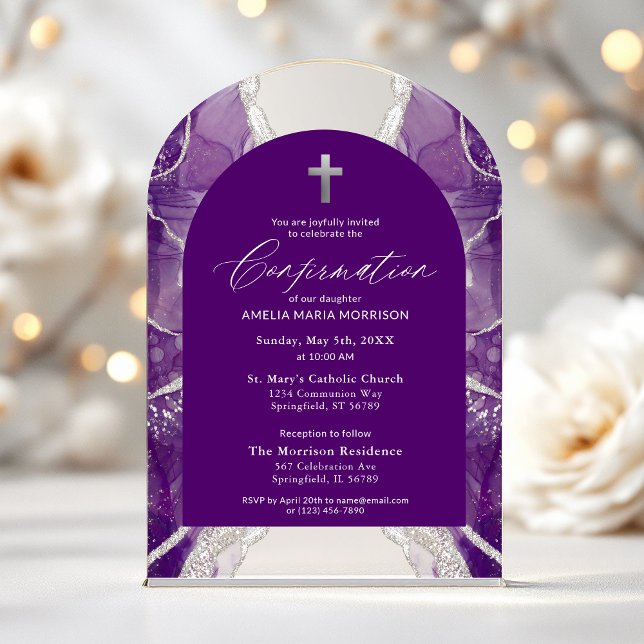 Purple Silver Agate Confirmation Modern Acrylic Invitations (Creator Uploaded)
