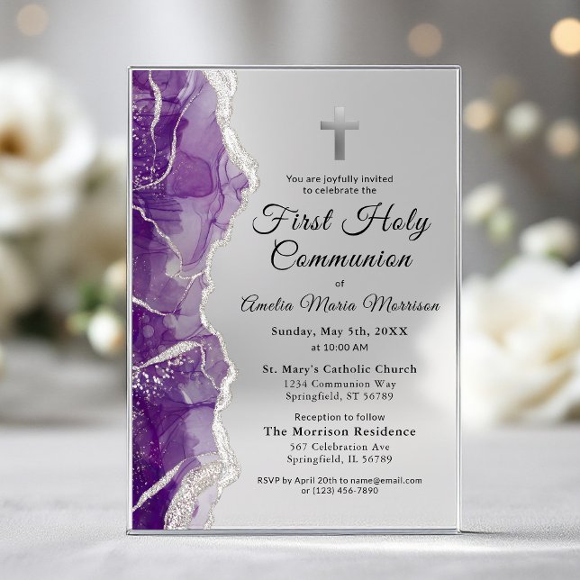 Purple Silver Agate First Holy Communion Girl Acrylic Invitations (Creator Uploaded)
