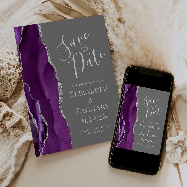 Purple Silver Agate Grey Save the Date Card (Creator Uploaded)