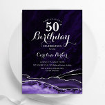 Purple Silver Agate Marble 50th Birthday Invitation<br><div class="desc">Purple and silver agate 50th birthday party invitation. Elegant modern design featuring watercolor agate marble geode background,  faux glitter silver and typography script font. Trendy invite card perfect for a stylish women's bday celebration. Printed Zazzle invitations or instant download digital printable template.</div>