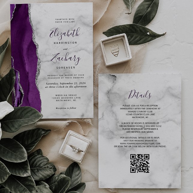 Purple Silver Agate Marble QR Code Wedding Invitation (Creator Uploaded)