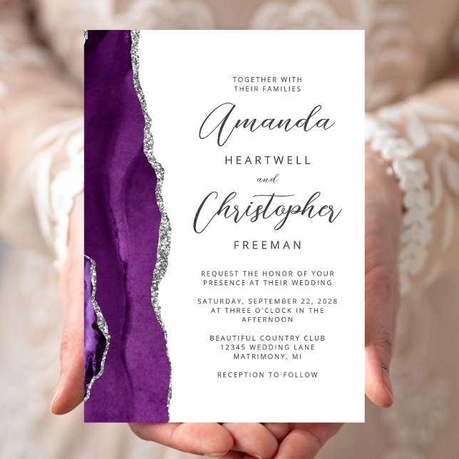 Purple Silver Agate Modern Script Wedding Invitation (Creator Uploaded)