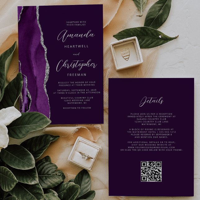 Purple Silver Agate Plum QR Code Wedding Invitation (Creator Uploaded)