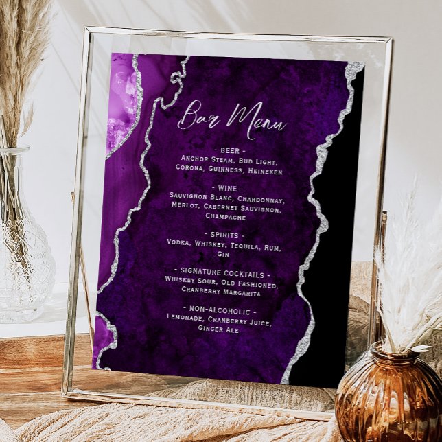 Purple Silver Agate Script Wedding Bar Menu  Poster (Creator Uploaded)