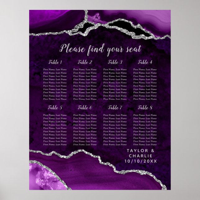 Purple Silver Agate Wedding Seating Chart 8 Table (Front)