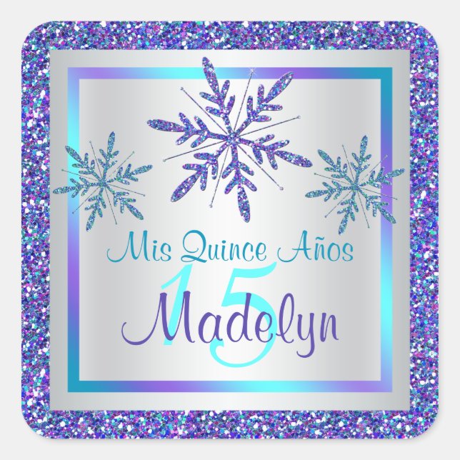 Purple Silver Aqua Glitter LOOK Snowflakes Sticker (Front)
