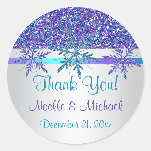 Purple Silver Aqua Glitter LOOK Snowflakes Sticker (Front)