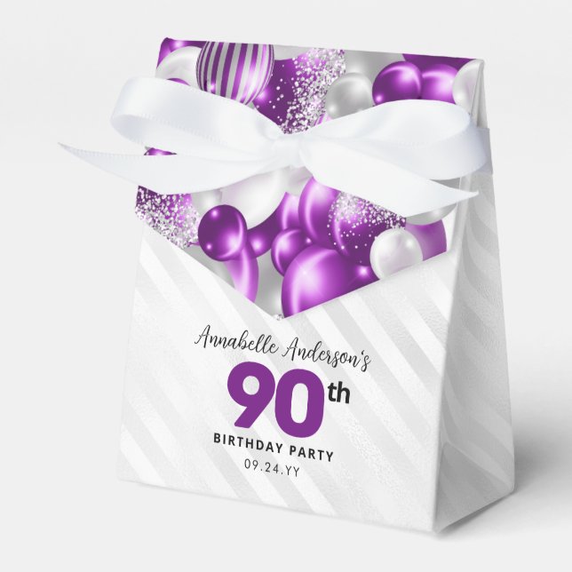 Purple Silver Balloon Glitter Favour 90th Birthday Favor Box (Front Side)