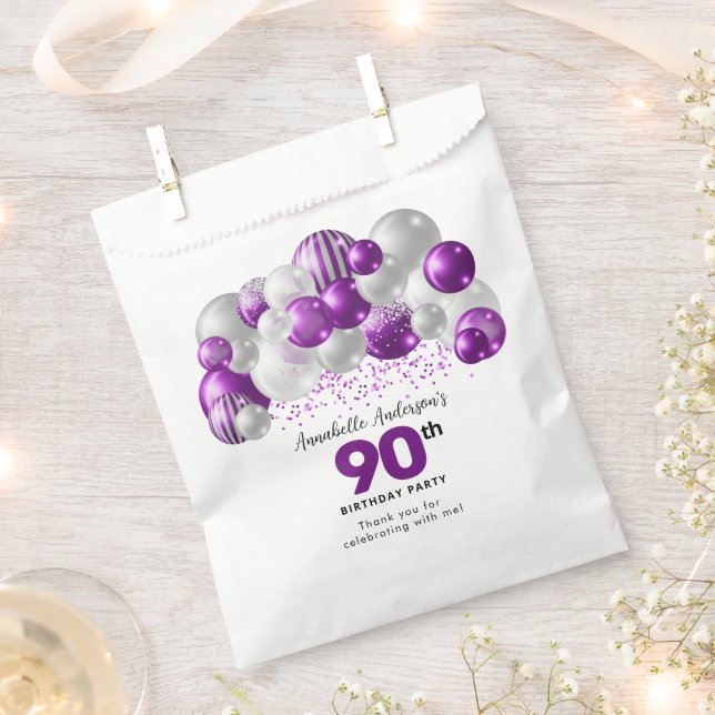 Purple Silver Balloon Glitter Favour 90th Birthday Favour Bag (Clipped)