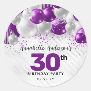 Purple Silver Balloon Glitter Glam Favor Birthday Classic Round Sticker