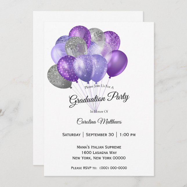 Purple Silver Balloons Graduation Invitation (Front/Back)