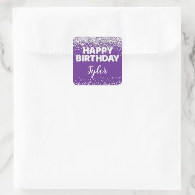 Purple Silver Birthday Party Favour Square Sticker (Bag)