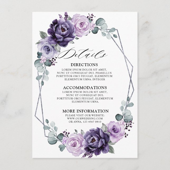 Purple Silver Blooms Geometric Wedding Details Enclosure Card (Front)