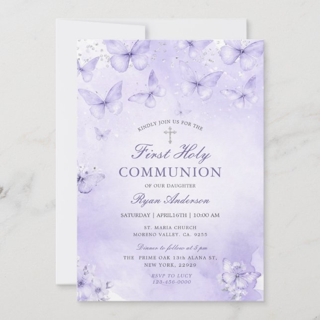 Purple Silver Butterfly First Holy Communion  Invitation (Front)