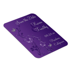 Purple, Silver Butterfly Floral Save Date Magnet