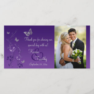 Purple, Silver Butterfly Floral Wedding Photo Card