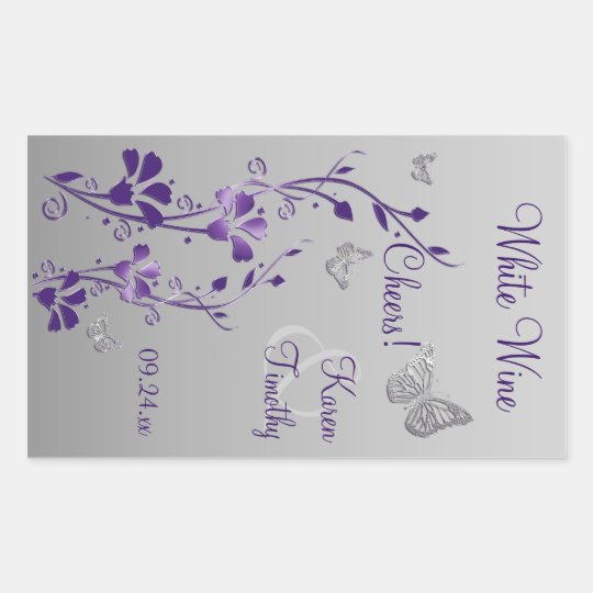 Purple, Silver Butterfly Floral Wine Label Sticker