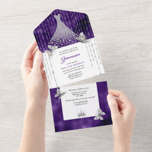 Purple silver butterfly sparkling gown birthday all in one invitation