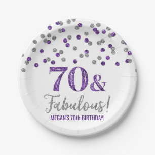 Purple Silver Confetti 70 and Fabulous Birthday Paper Plate