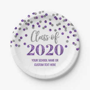 Purple Silver Confetti Graduation 2020 Paper Plate