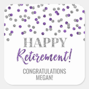 Purple Silver Confetti Happy Retirement Square Sticker