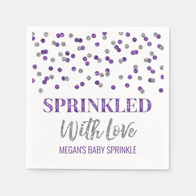 Purple Silver Confetti Sprinkled with Love Napkin (Front)