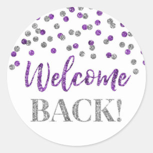 Purple Silver Confetti Welcome Back Round Sticker
