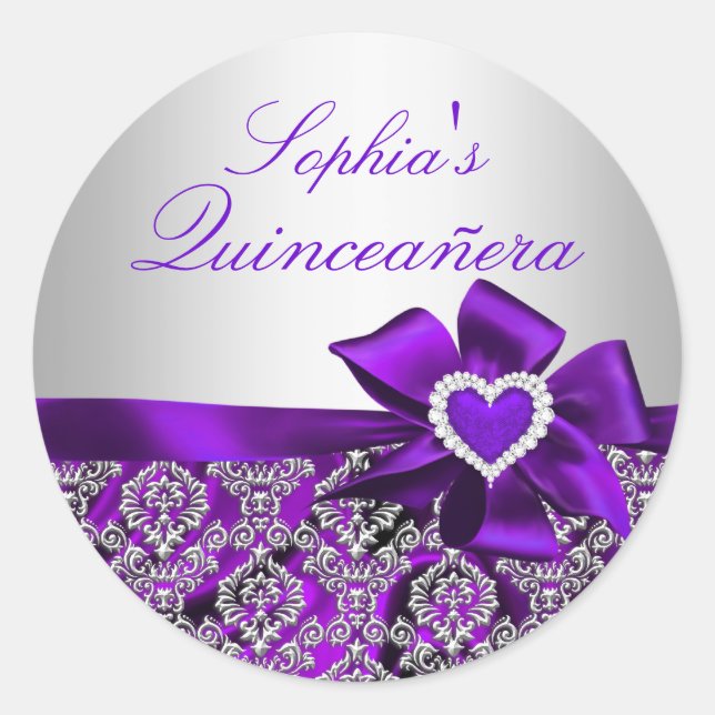 Purple & Silver Damask Quinceanera Sticker (Front)