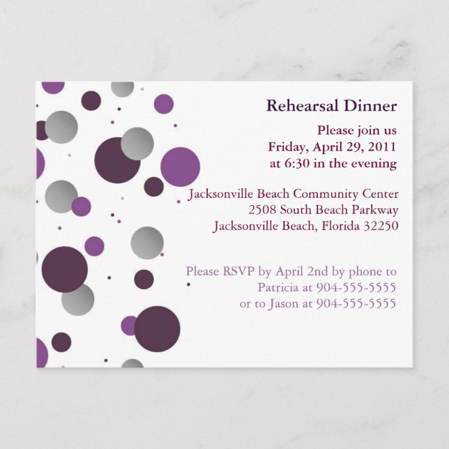 Purple & Silver Dot Rehearsal Dinner Postcard (Front)