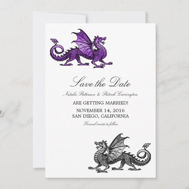 Purple Silver Dragon Save the Date Invite (Front)