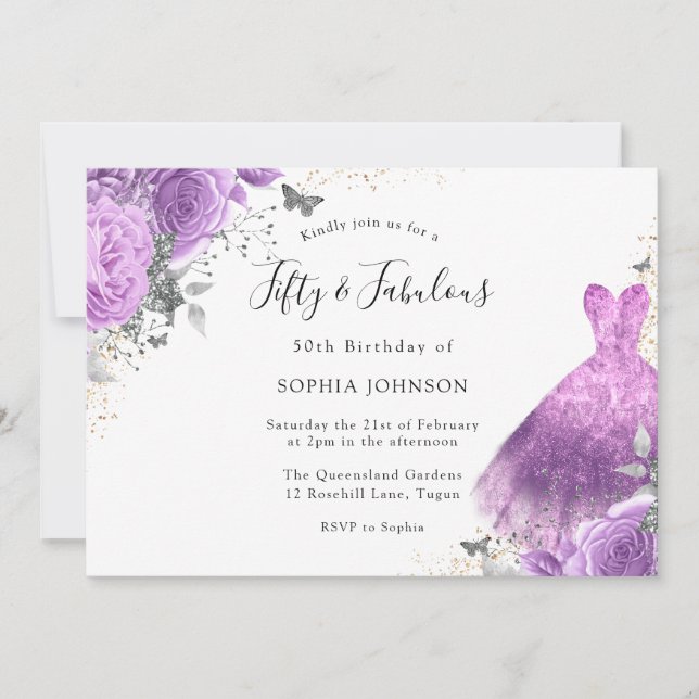 Purple Silver Dress & Rose Butterfly 50th Birthday Invitation (Front)