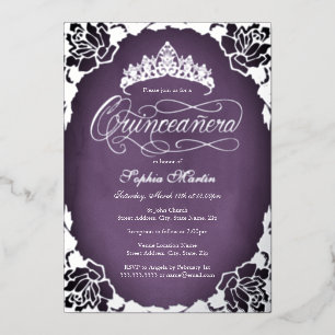 Purple Silver Elegant Script Rose Quinceanera 