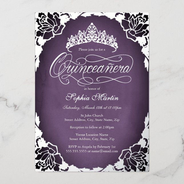 Purple Silver Elegant Script Rose Quinceanera  (Front)