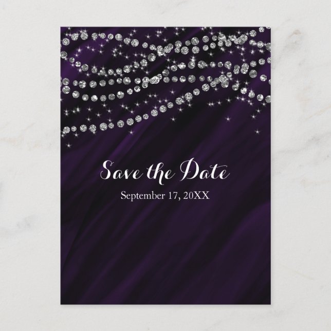 Purple & Silver Faux Diamond Bling Save The Date Announcement Postcard (Front)