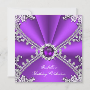 Purple Silver Faux Diamond Jewel Birthday Party Invitation
