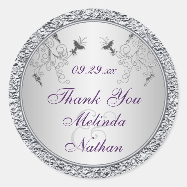 Purple Silver FAUX Foil Wedding Favour Sticker (Front)