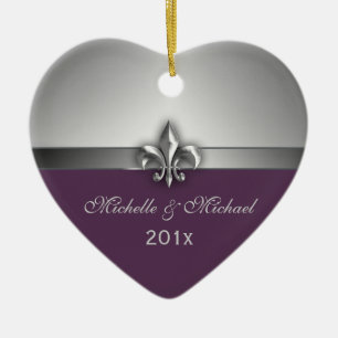 Purple Silver Fleur de Lis Couple First Christmas Ceramic Ornament