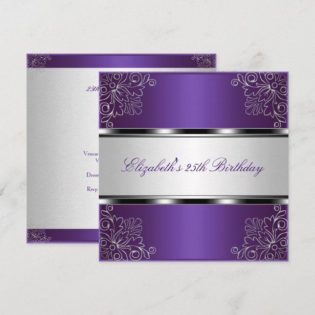 Purple Silver Floral 25th Birthday Party Event Invitation (Front/Back)