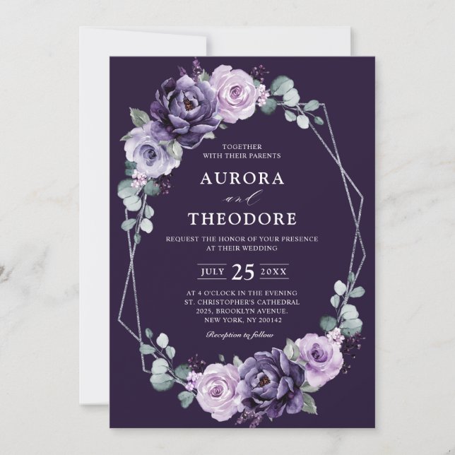 Purple Silver Floral Blooms Geometric Wedding      Invitation (Front)